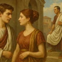 Curione e Fulvia si scambiano uno sguardo intenso nel foro romano, mentre un homo novus osserva da una scalinata alle loro spalle, tra colonne e architettura classica